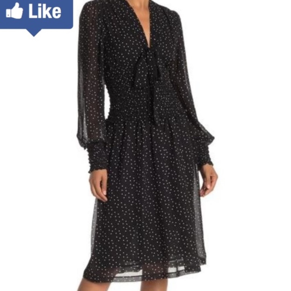 NEW MAX STUDIO Black CHIFFON Smocked Waist POLKA DOT Neck Tie MIDI DRESS XS - Picture 2 of 11